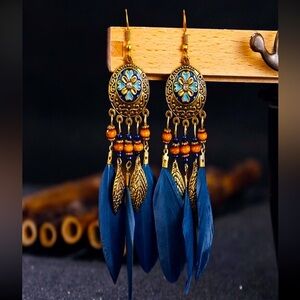 Bohemian Blue and Gold Feather Earrings